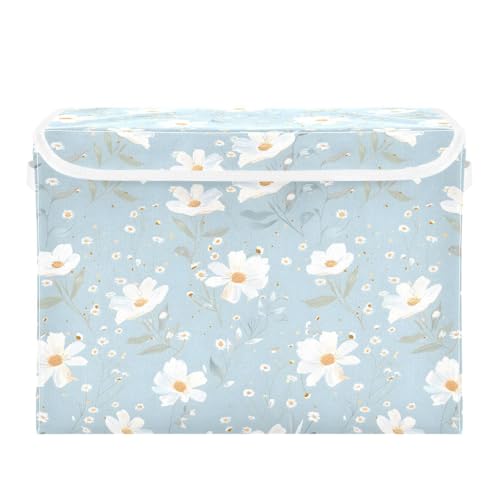 senya Large Storage Bins with Linen Collapsible Foldable Storage Cubes Fabric Closet Organizer Containers box with Flip-Top Lid for Home Bedroom Office 16.7 x 12.6 x 11.8in (White Flowers)