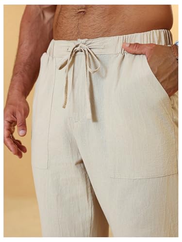 Men's Drawstring Waist Linen Pants Straight Wide Leg Resort Vacation Trousers with Pockets4