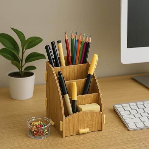 Image of The Better Home 4 Compartment Pen Stand for Office | MDF Wood Rack | Aesthetic Stationery Stand for Office Table Accessories | 11.8x18.7x14.2cm | Burlywood | 1 Pack