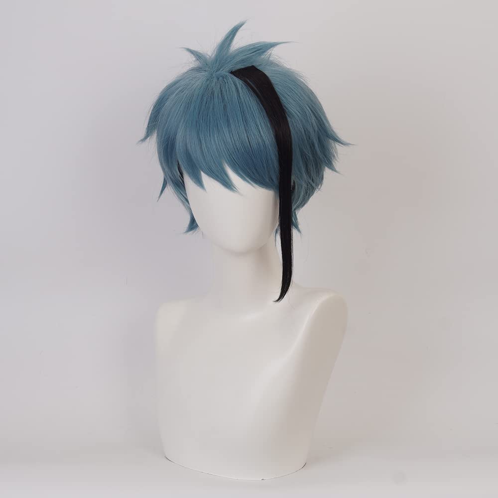 Dark Blue Left Highlight Black Short Wig Heat Resistant Synthetic Universal Costume Hairs for Women Men Halloween Chiristmas Comic Con Replacement Wigs - Image 2
