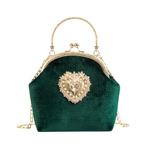 CRFASIBE Damen Clutch Abendtasche, Samt Kiss Lock Handtasche, Elegante Crossbody Schultertasche, Herz Design, Vintage Geldbörse mit Kette für Prom Bankett Hochzeit Party(Grün)