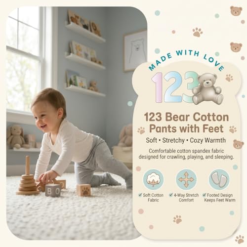 Image of 123 Bear Baby Soft Cotton Spandex Pants with Feet