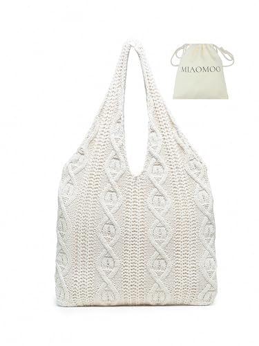 Miaomoo Bolsa de malla de ganchillo a la moda para playa, color blanco, bonita bolsa de punto estético para mujer, bolso de hombro tejido hippy, Beige, Medium
