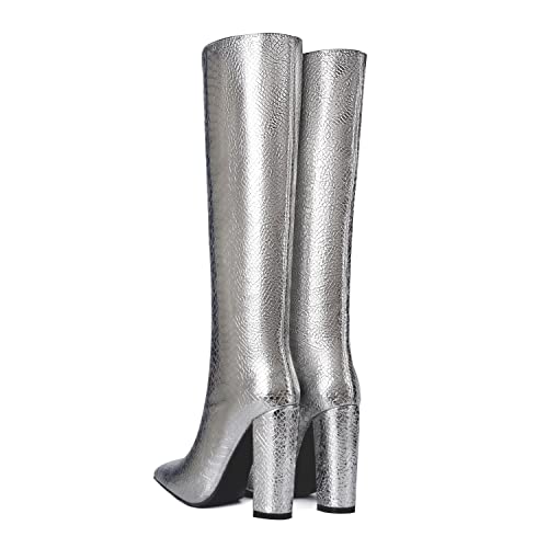 Liwa Liro Snakeskin Knee High Boots Women Wide Calf Block Heel Pointed Toe Tall Boots Pull On Silver Size 9.5 #TOP1