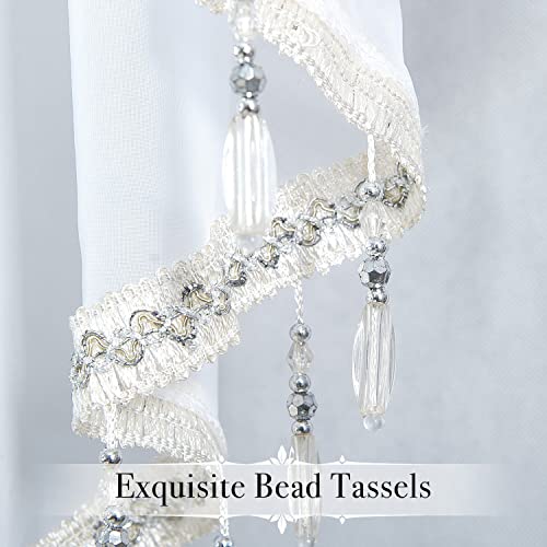 Wubodti White Tulle Beaded Valance Curtains 3 Pieces Kitchen Cafe Rod Pocket Sheer Swag Window Valances Curtain With Beads Trim For Bedroom Bathroom Nursery Living Room, 51 X 24 Inch Length #TOP3