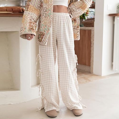 Womens Y2K Striped Wide Leg Lounge Pants Side Tie-Up Loose Fit Plaid Pinstripe Trousers Going Out Pants Streetwear3