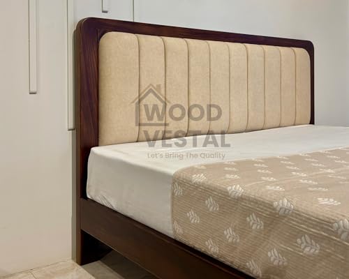 Image of Wood Vestal Sheesham Wood Bed with Upholstered Head & Vertical Slat Foot, Solid Wood in Walnut Finish, Modern Design | King Size - (78 inchx72 inch) Without Mattress & Side Tables | Low Hight | QVG - 6' - D