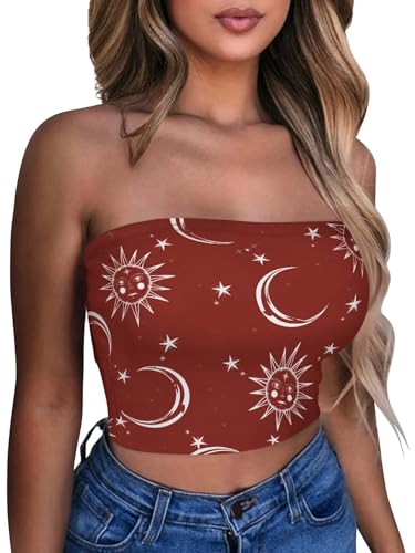 Summer Tube Tops Crop Tops for Women Strapless Bandeau Shirts,Moon Star,M