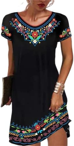 Melliflo Women’s Round Neck Short Sleeve Mexican Dress Floral Embroidered Tshirt Dress Ethnic Boho Midi Dresses