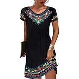 Melliflo Women's Round Neck Short Sleeve Mexican Dress Floral Embroidered Tshirt Dress Ethnic Boho Midi Dresses(Black. Medium)