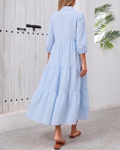 Image of Women Button Down Maxi Shirt Dress Long Sleeve Flowy Tiered Collared Dresses with Pockets