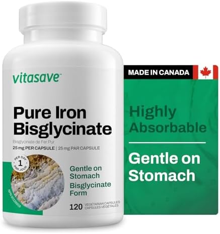 Vitasave Iron Bisglycinate – High Absorption Iron Supplement for Energy, Anemia & Immune Support – Gentle on Stomach – Vegan, Non-GMO, Gluten-Free – 120 Capsules (Made in Canada)