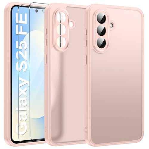 Qasyfanc Hybrid Opaco Cover Compatibile con Samsung Galaxy S25 FE 5G con Protezione Fotocamera e 2 Pellicola Vetro Temperato, Custodia con Samsung Galaxy S25 FE 5G Sottile Antiurto Rosa
