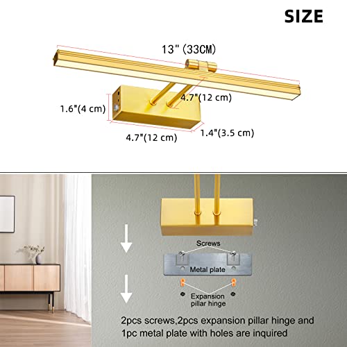 FUNCHDAY Picture Light,Battery Art Lights for Wall,Wireless Remote Painting Light with Timer and Dimmable,13”Metal Display Lighting for Artwork,Portrait,Gallery(Brass)