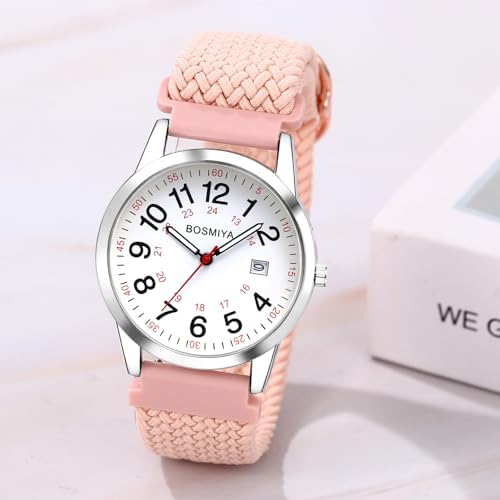 Aroncent 24-Hour Analog Watch with Elastic Band: Easy to Read White Dial Date Window - Silver Case with Pink Nylon Stretch Band