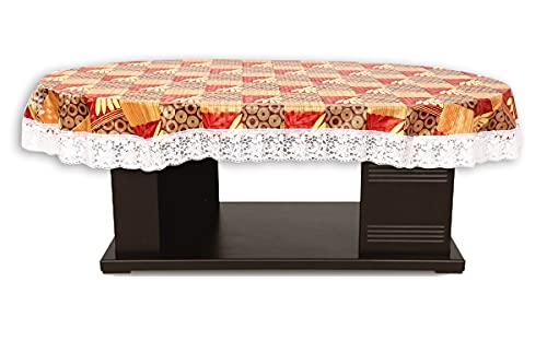 Image of The Furnishing Tree Waterproof PVC Oval Shaped 10 Seater Table Cover WxL 60x120 inches Surface Pattern Yellow with White Border lace