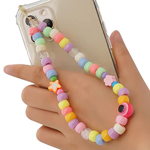 ikasus Phone Charm Strap- Kawaii Smiley Face Star Beaded Phone Lanyard Wrist Strap- Rainbow Acrylic Polymer Clay Pearl Phone Chain Phone Decorations Charm Keychain for Women Girls