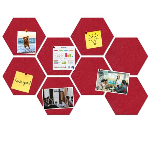 HULAVO Azulejos hexagonales grandes de corcho de fieltro, autoadhesivos, tablero de anuncios de fieltro con 35 chinchetas para oficina, escuela, hogar, decoración de pared, notas, fotos (rojo)