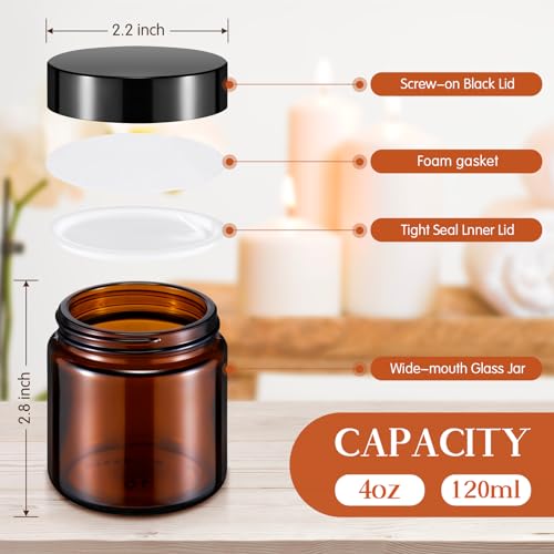 Norme 120 Pcs 4 oz Glass Jars with Lids Leakproof Round Airtight Empty Cosmetic Jars with Inner Liners Lid for Storing Lotions Powder Ointments Candle Making Tins (Black,Amber)2