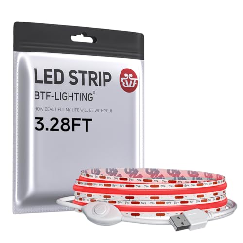 Image of BTF-LIGHTING FCOB COB LED Strip Lights 5V USB Powered Red Color for TV | 3.28FT 320LEDs CRI90+ Dimmable Super Bright LED Light with 3M Tape for TV Backlight PC 3D Printer Cabinet Home DIY Lighting