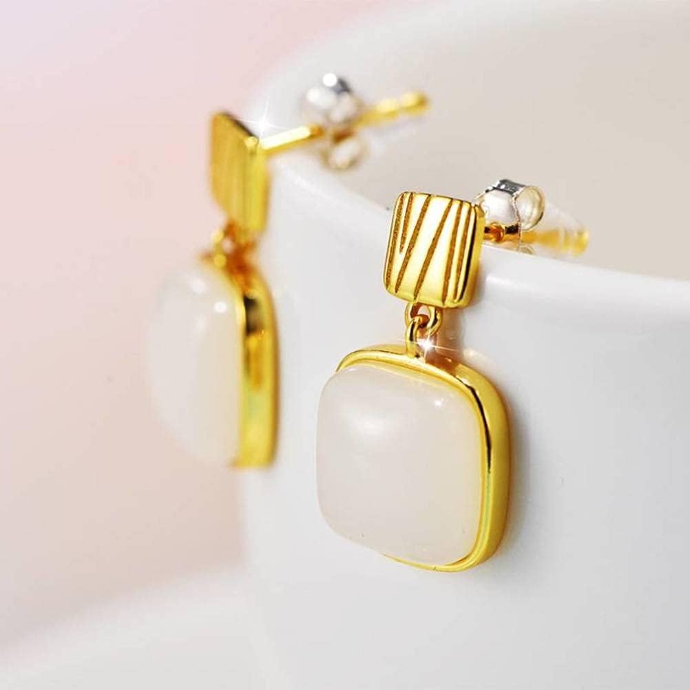 Ears925 Silver Ear Stud Earfemale Simple Temperament Square Natural Nephrite Fashion Student Ear Jewelry/As Shown