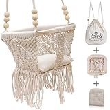ZELLOVY - Organic Macrame Baby Swing Chair with Cushion & Portable Canvas Backpack | Boho Baby Swing Outdoor Indoor Infants & Toddler | Hanging Rope Baby Gift | Handmade Crochet Hammock Swing