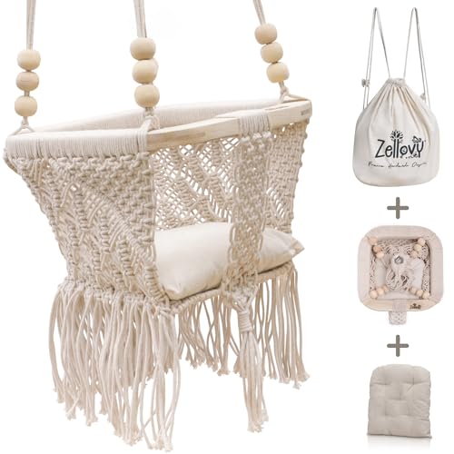 Image of ZELLOVY - Organic Macrame Baby Swing Chair with Cushion & Portable Canvas Backpack | Boho Baby Swing Outdoor Indoor Infants & Toddler | Hanging Rope Baby Gift | Handmade Crochet Hammock Swing
