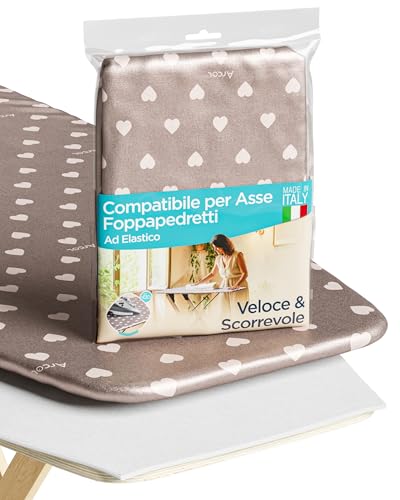 ARCOL Copriasse da Stiro ad Elastico con Mollettone Compatibile per Asse da Stiro Foppapedretti, Made in Italy, Copertura asse da Stiro 100% Cotone (Copertina + Mollettone, Beige Cuori Bianchi)
