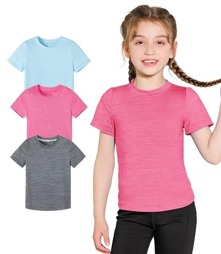 Image of Girls Athletic Shirts Short Sleeve Quick Dry Fit Crew Neck Activewear Summer UPF 50+ Tees Tops for Kids Teens 3 Pack Grey+Light Blue+Rose Pink 13-14 Years