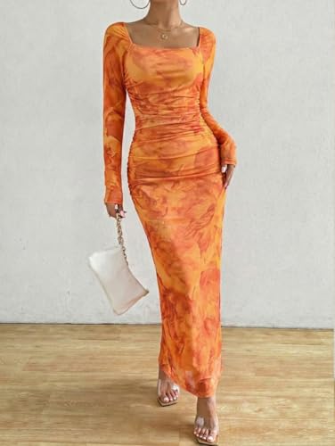 Image of LIGHT DOT Women's Printed Off Shoulder Maxi Dress Long Sleeve Bodycon Ruched Mesh Cocktail Dress