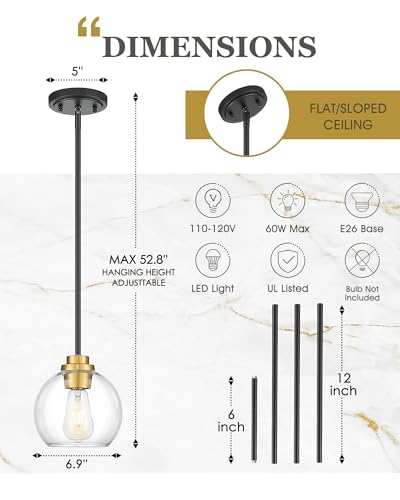 Image of Pendant Lights Kitchen Island, 7 inch Black and Gold Hanging Lights Fixtures with Clear Glass Globe Shade, Modern Kitchen Island Lighting for Bathroom, AD-22280-1P-KG