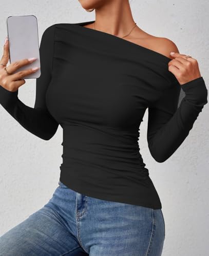 ZESICA Womens Off Shoulder Long Sleeve Tops 2025 Fall Casual Boat Neck Ruched Slim Fit Going Out Y2k Shirts Blouses2