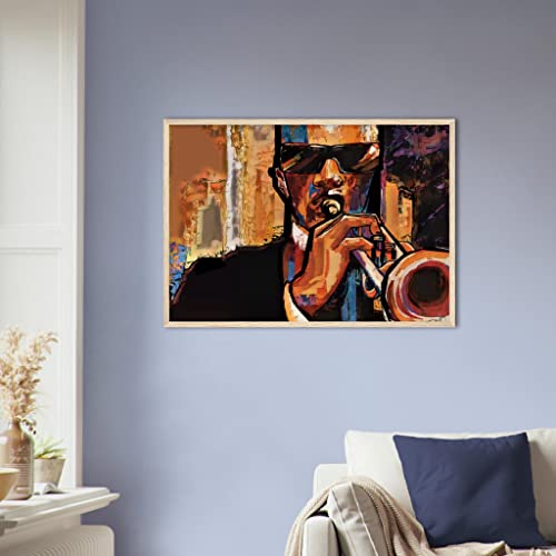 Art mural musical trompette africaine tableau encadré bois salon 50x70