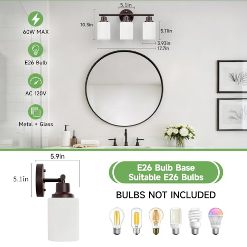 Image of 3-Light Bathroom Light Fixtures, Oil-Rubbed Bronze Gold Vanity Lights for Mirror with Textured Milky White Glass Shade, Modern Kitchen Light Fixtures Wall Sconce Light - E26