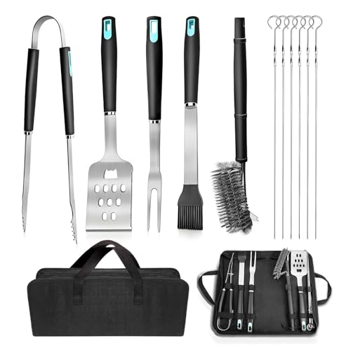 BlueMars 12-Piece BBQ Tool Set with Storage Case – Heavy Duty Stainless Steel Spatula, Fork, Tongs, Basting Brush, Cleaner & Skewers for Outdoor Cooking