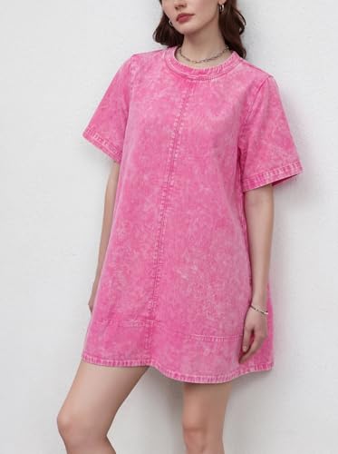 Image of LifeShe Denim Dress for Women Summer Casual Short Sleeve Chambray Mini Jean Dresses with Pockets
