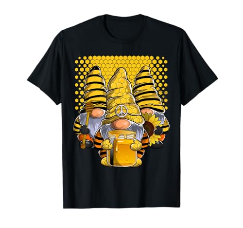 Tres gnomos de miel Girasol Abeja Peace Gnomo Camiseta