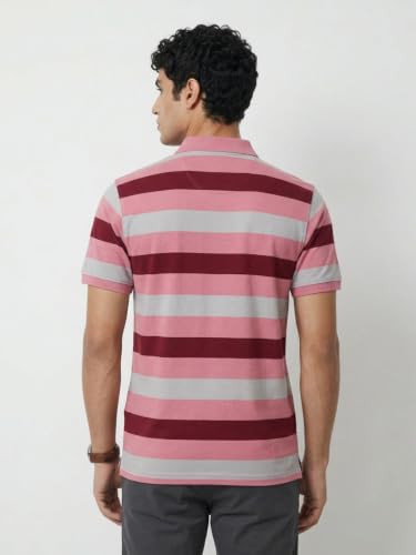 Image of Raymond Men Modern Fit Stripe Pattern Pure Cotton Polo Neck Half Sleeve Casual T-Shirt