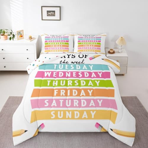 Image of Feelyou Kids Learning Comforter Set King Size, Days of The Week Bedding Set Educational Duvet Insert Boys Girls Preschool Teens Bedroom Decor 3Pcs