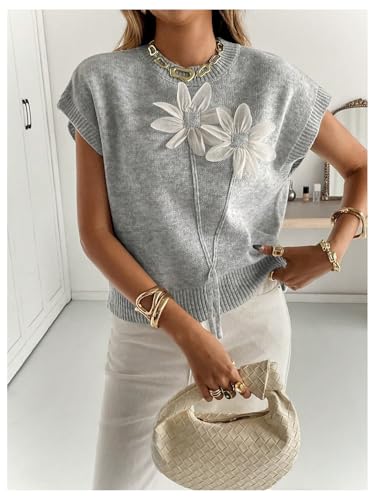 Image of SOLY HUX Women's Short Sleeve Sweater 3D Floral Sweaters Pullover Tank Tops Knit Vest Trendy Fashion Clothing
