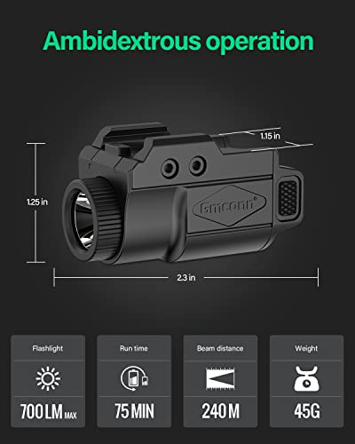 Gmconn 700 Lumen Pistol Light, Compact Adjustable Rail Mounted Flashlight Mini Weapon Light With Strobe Mode For Picatinny Mil-Std-1913, Glock #TOP5