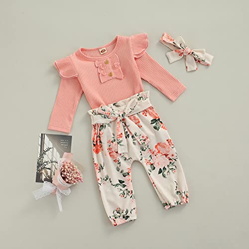 Newborn Infant Baby Girls Clothes Set Long Sleeve Ribbed Solid Bodysuit Floral Pants Headband Outfits Fall Winter (Pink,18-24 Months) #TOP6