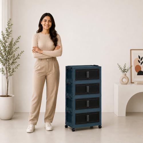 Image of TARKAN DIY Stackable Storage Cabinet with Wheels, 50x22x86 cm, 4-Tier Magnetic Door Organiser, Transparent Panels, Navy Blue