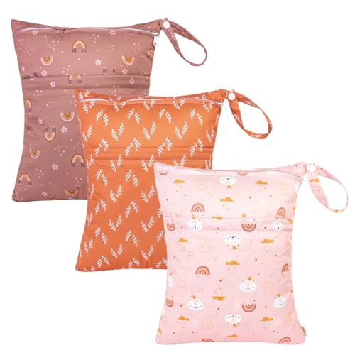 Image of Babygoal Wet Dry Bags for Baby Cloth Diapers, Washable Travel Bags, Beach, Pool, Gym Bag for Swimsuits & Wet Clothes with Two Zippered Pockets 3 Pack, 3LN15