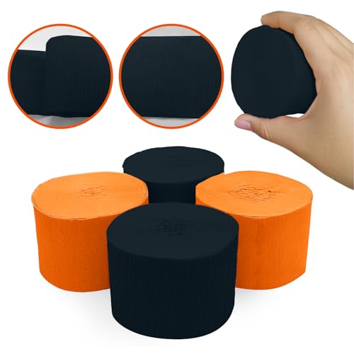 Image of 4 Crepe Paper Streamers Rolls, 328ft Pack of Black and Orange Crepe Paper for Halloween Party Birthday Office Door Wall Decorations Flower Making (1.8 inch x 82 ft /Roll)