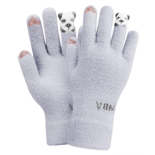 FakeFace Cute Panda Winter Wool Touchscreen Gloves for Women Girls Windproof Warm Knit Texting Gloves Mittens Gift for Christmas Day New Year (Gray Knit)