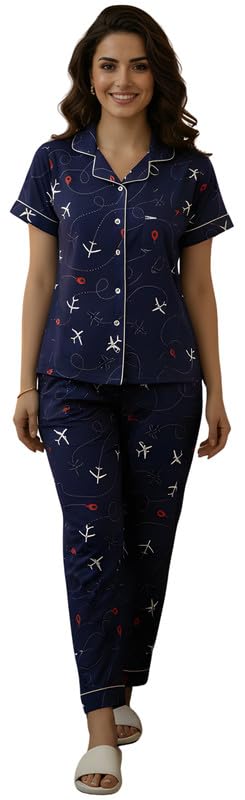 Night Suit for Women with Half Sleeve Button-Down Top with Pant, Dress for Woman, Cotton Night Dress for Woman, Two-Piece Loungewear Set-picture-10