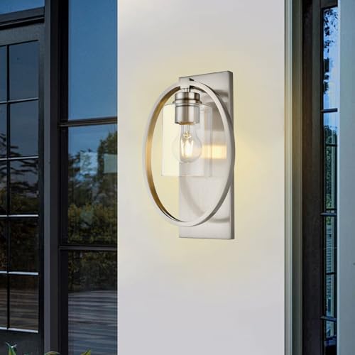 Image of Vintage Wall Sconce with Glass Shade, 1-Light Brushed Nickel Farmhouse Wall Lights, Dimmable Bathroom Vanity Light for Mirror Hallway Living Room Bedroom (Nickel)