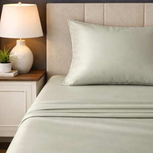 Image of LANE LINEN 100% Cotton Satin Fantasy Bedsheet Double Size - Mineral | OEKO-Tex Certified, 100% Cotton Satin Weave, Fits Double & Queen Bed, Gentle on Skin & Hair, Wrinkle-Free