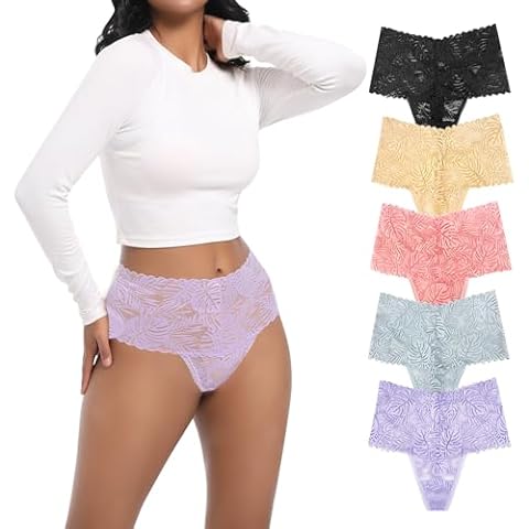 WKFIINM High Waisted Lace Thongs For Women Plus Size Small to 4X-Large Breathable Panties Seamless Tummy Control Retro Underwear Pack 5 Size Large-1 Cover